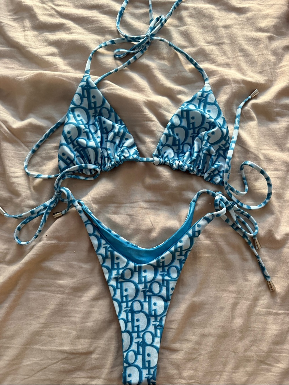 Blue Logo-Print Triangle Bikini Top and Bottom Set